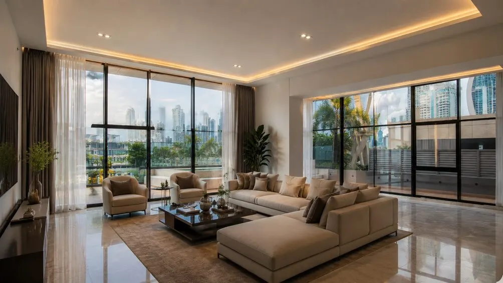 Sala con ventanales y vista a la marina