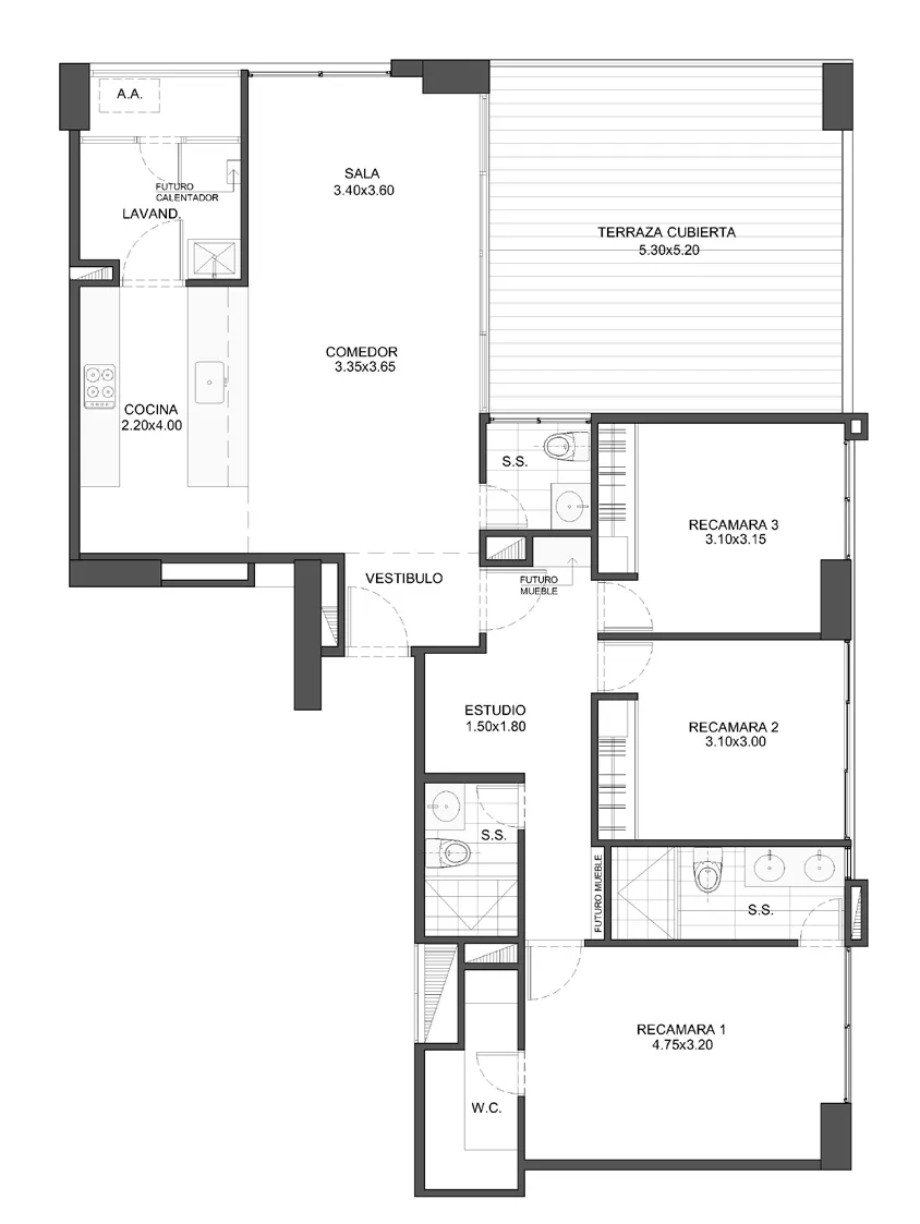 Plano del modelo SMART con terraza — 150 m²