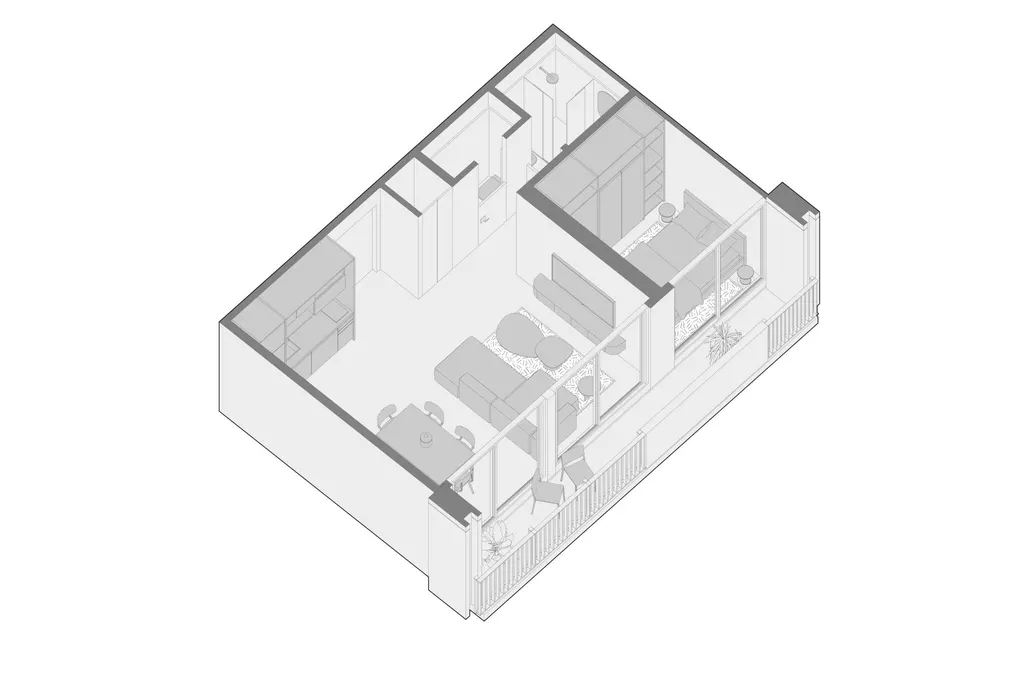 Isométrico del apartamento Tipo D–E en Nook Residence